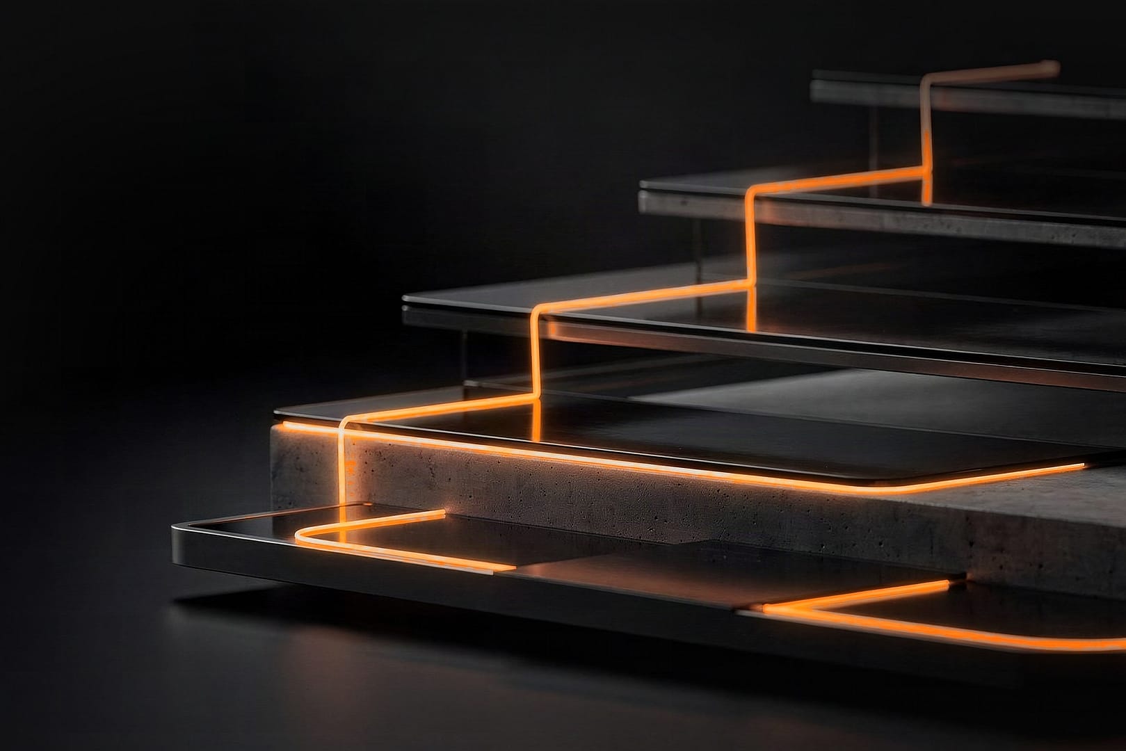 H² Academy by QFINITY: four staggered levels with a glowing path, illustrating the learning path