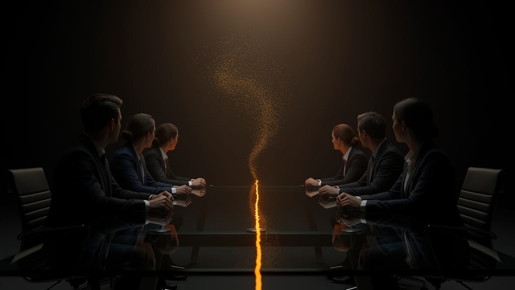 Steering Committee am Konferenztisch, goldene Lichtlinie als entstehendes Programm - 4. ACDM KI Symposium