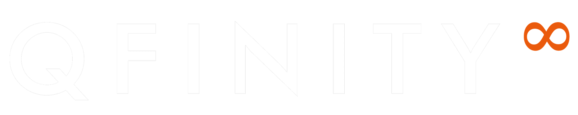 QFINITY Logo - weisser Schriftzug mit orangem Unendlichkeitszeichen (Retina)