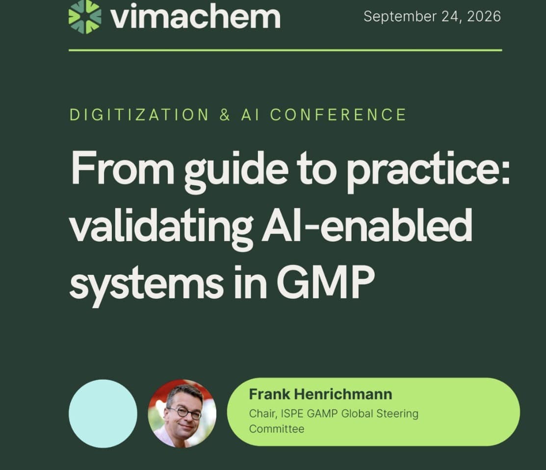 Talk card by Vimachem: From guide to practice, validating AI-enabled systems in GMP, Frank Henrichmann, 24 September 2026